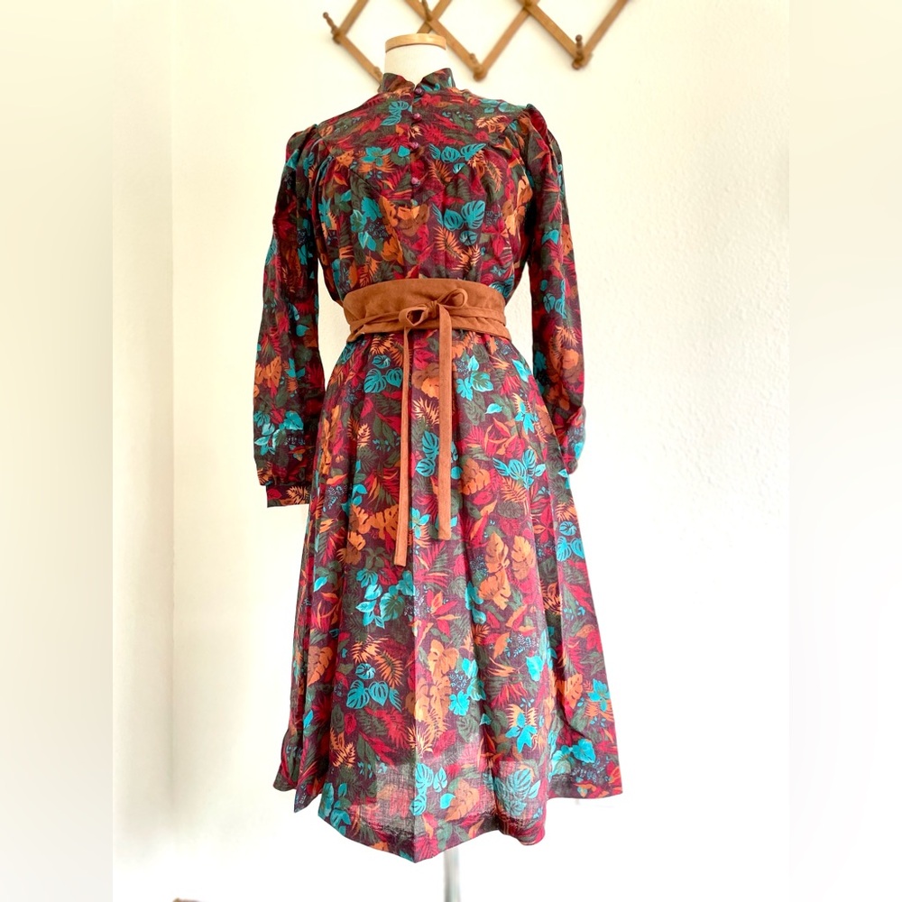 Vintage Floral Semi Sheer Long Sleeved Midi Dress 70s Deadstock